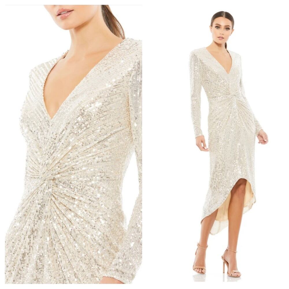 NWT IEENA for MAC DUGGAL Nude Silver Sequin Knotted Long Sleeve Midi Dress Women